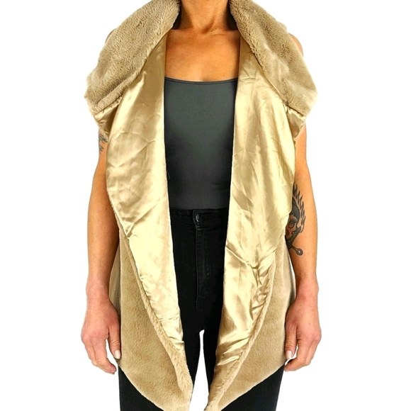 Philosophy Faux Fur Vest Cardigan Jacket Size Large Brown Satin Tan - Picture 4 of 8